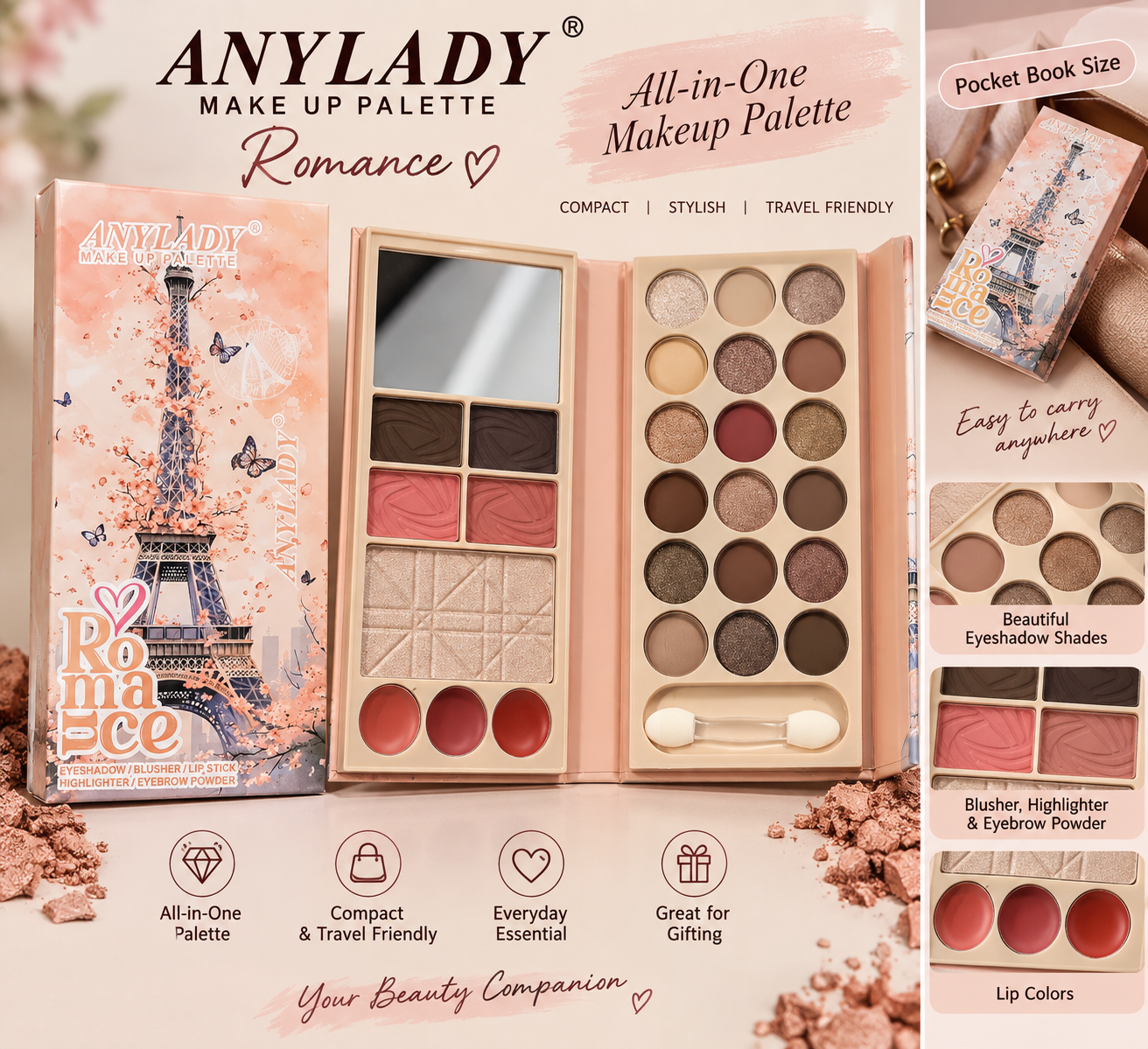 AnyLady Romance All-in-One Makeup Palette – Eyeshadow, Blush, Highlighter, Lip Colors & Eyebrow Powder