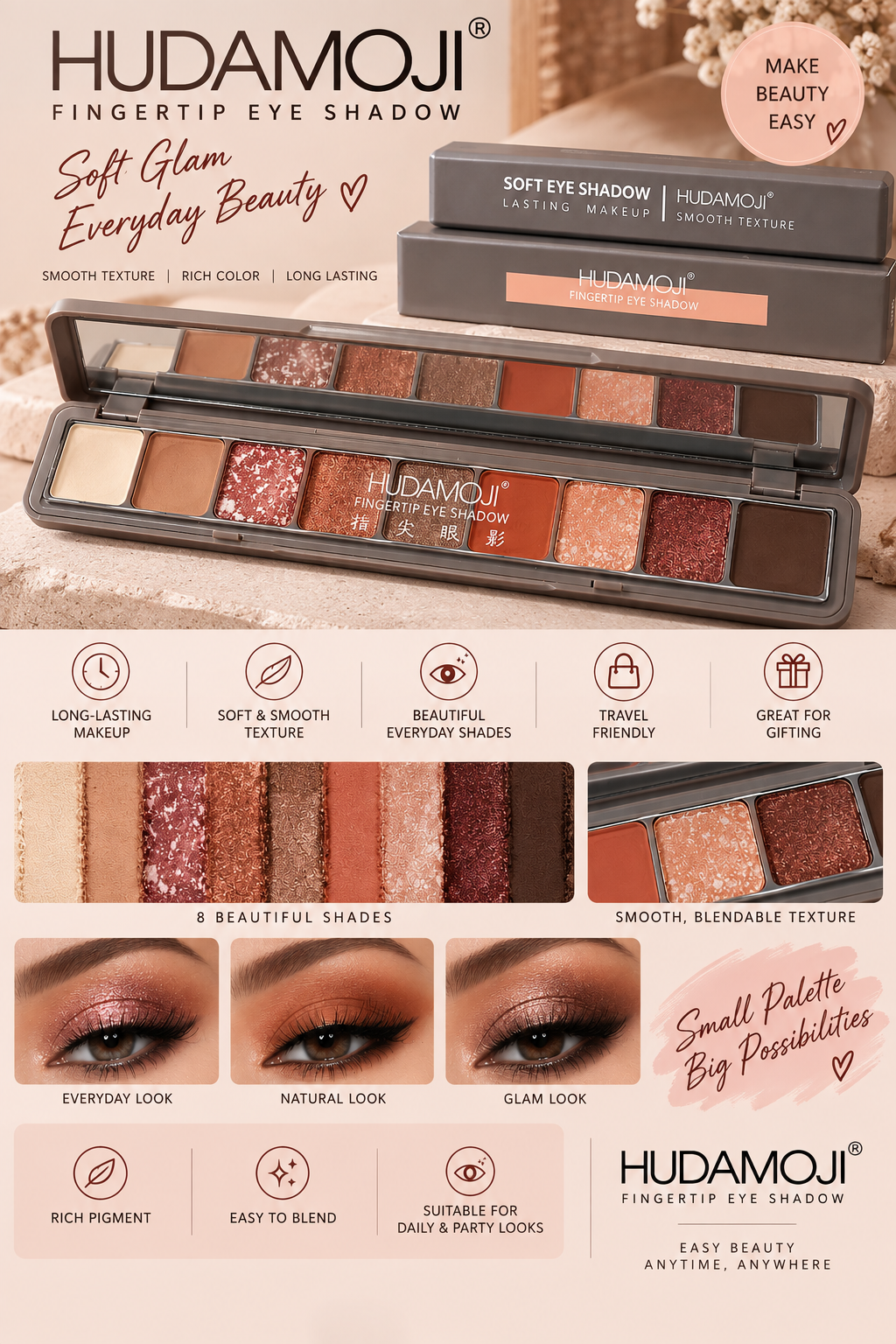 HUDAMOJI Fingertip Eye Shadow Palette – 8-Color Eyeshadow Palette
