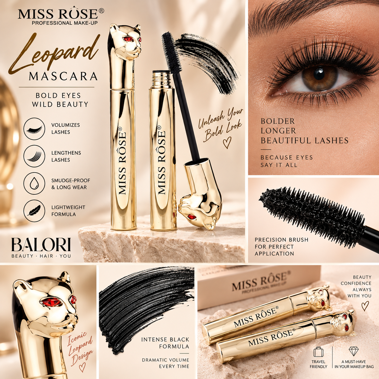 Miss Rose New Lion Head Mascara Waterproof Long Lasting Volume Length Curl Smudge Resistant Mascara for Women