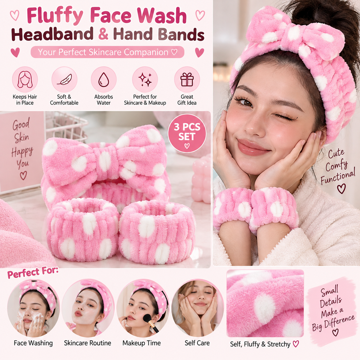 Fluffy Bow Face Wash Headband & Wristband Set – 3 Piece