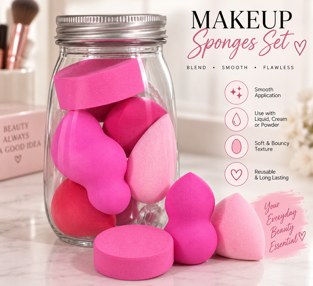Pink Makeup Sponge Set – Multi-Shape Beauty Blenders 5pcs