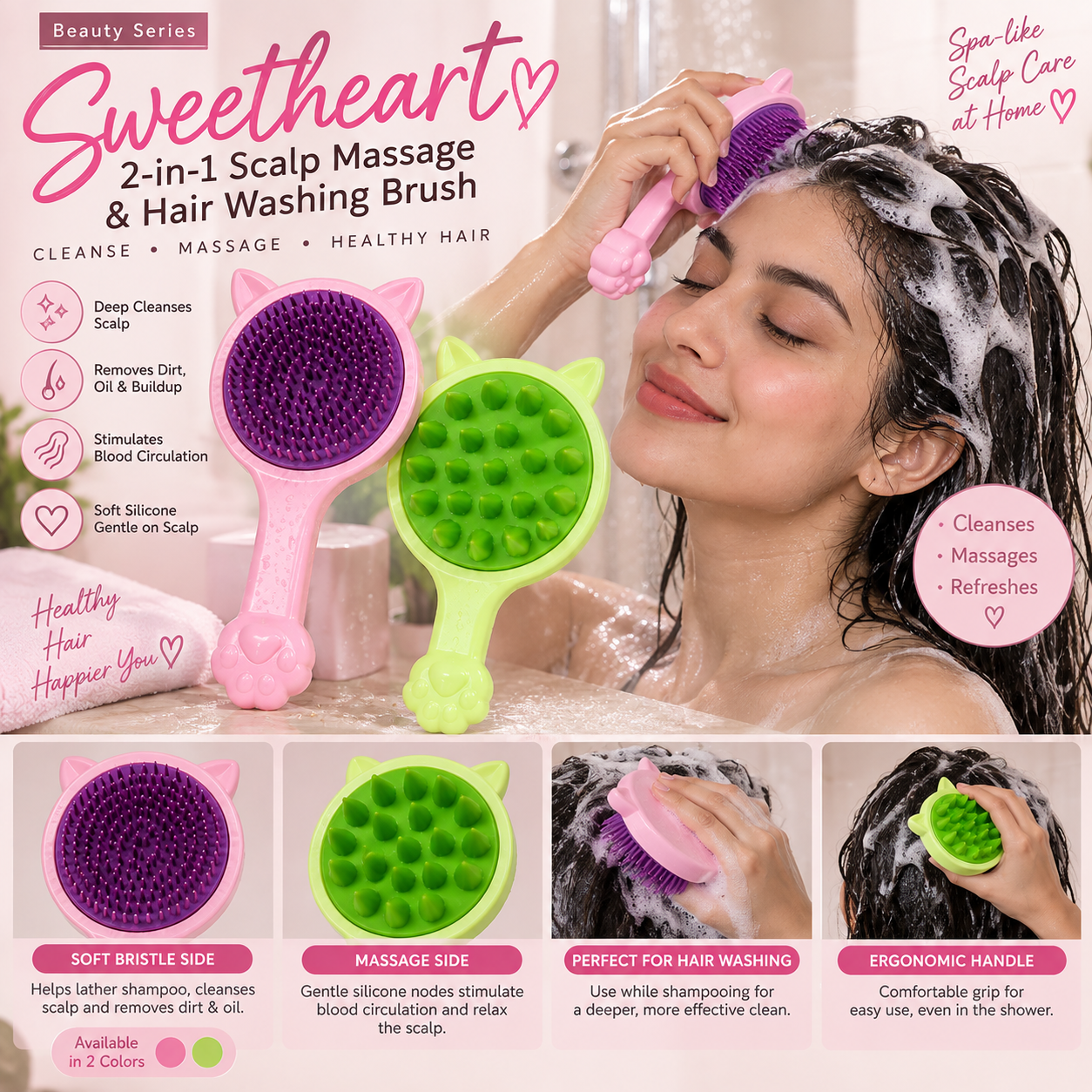 Sweetheart 2-in-1 Scalp Massage & Hair Washing Brush