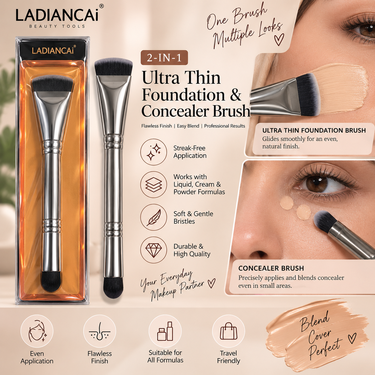 Dual-Ended  ultra thin Foundation Face Brush Double-ended Powder Blush Contour And  Concealer Makeup Brushes