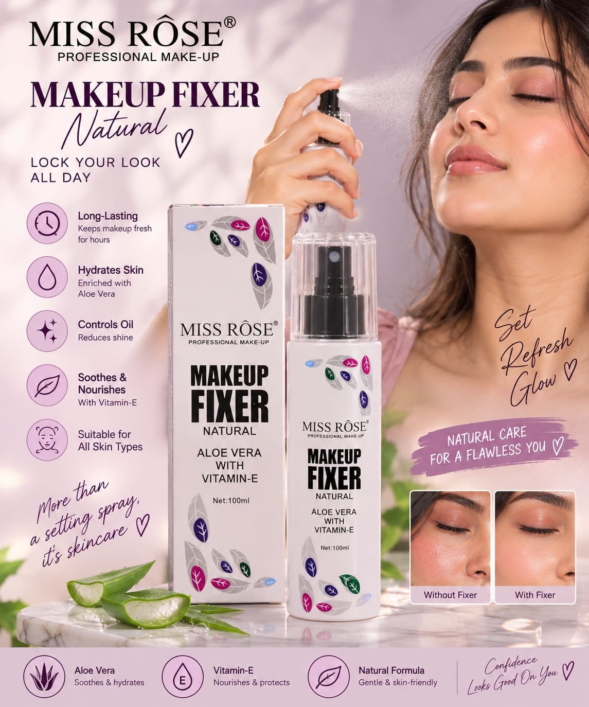 Miss Rose Natural Aloe Vera With Vitamin E Makeup Fixer Spray 100ml Long Lasting Makeup Setting Mist