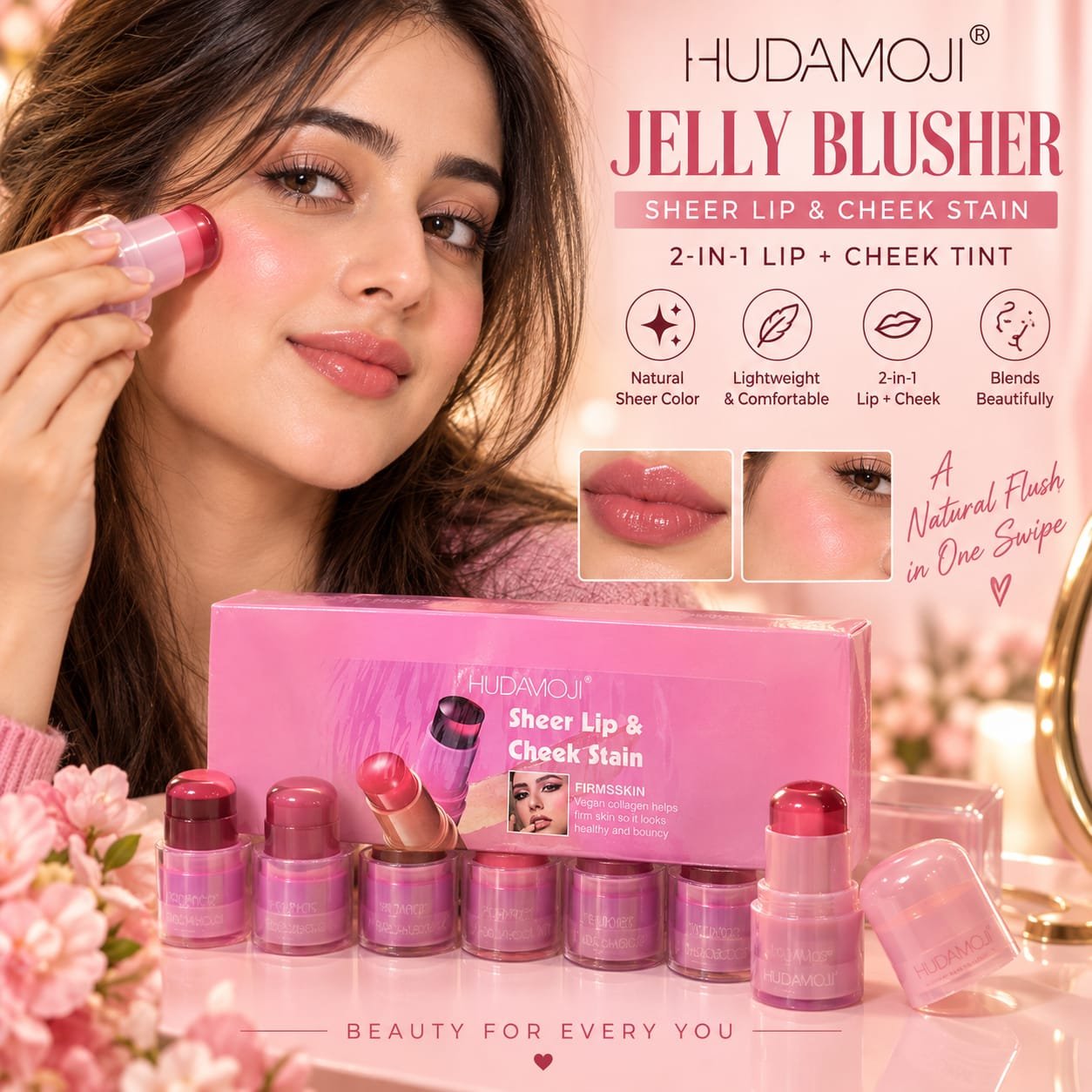 Hudamoji  2in1 Jelly Tint Lip & Cheek Tint - Long Lasting Hydrating Jelly Blush Tint - Natural Glossy Finish